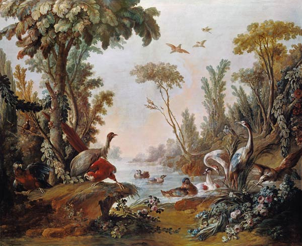 Lake with geese, storks, parrots and herons a François Boucher