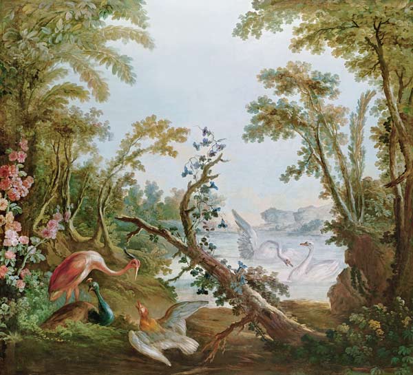 Lake with swans, a flamingo and various birds, from the salon of Gilles Demarteau a François Boucher