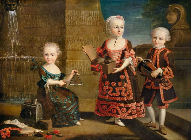 A Girl with a Marmoset in a Box, Girl with Triangle sitting on a Magic Lantern and a Boy with a Hurd a François-Hubert Drouais