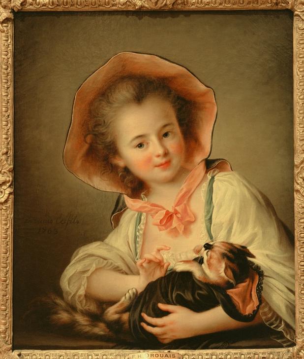 Young Girl Playing with a Cat a François-Hubert Drouais