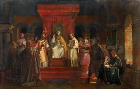 Pope Honorius II granting official recognition to the Knights Templar in 1128