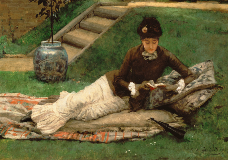 The Novel, A Lady in a Garden reading a book a Frank Dicey