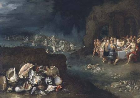 Still life of shells with the Feast of the Gods a Frans Francken d. J.