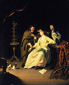 Doctor takes an unconscious woman's pulse. a Frans III. van Mieris