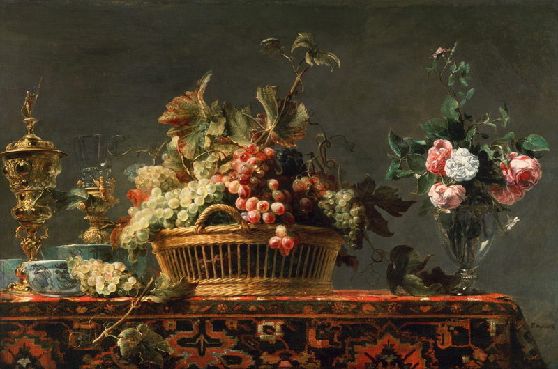 Quiet life with basket with grapes and a rose vase a Frans Snyders
