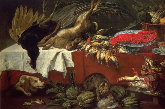 Natura morta con cacciagione, aragosta, uccelli, cane e gatto  a Frans Snyders