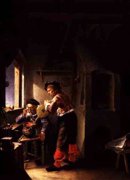 An Alchemist and his Assistant in their Workshop a Frans van d.Ä Mieris