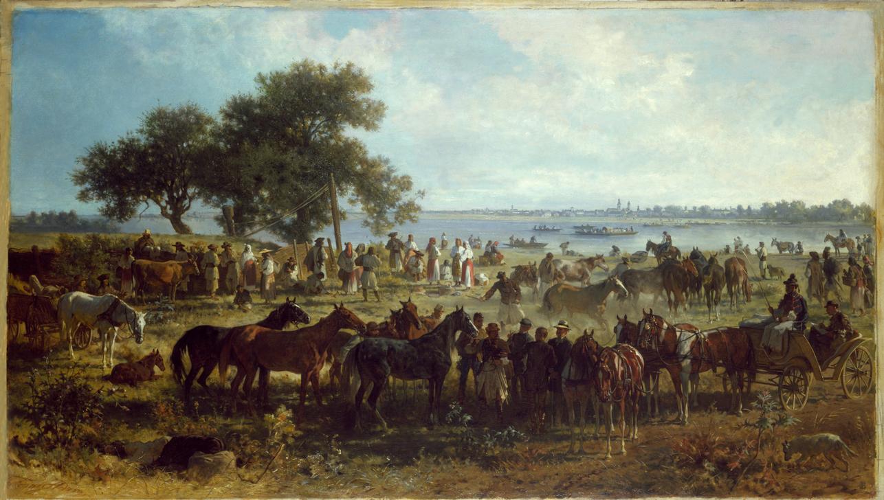 Schiffsfähre am Ufer der Theiss (Pferdemarkt am Ufer der Theiss) a Franz Adam