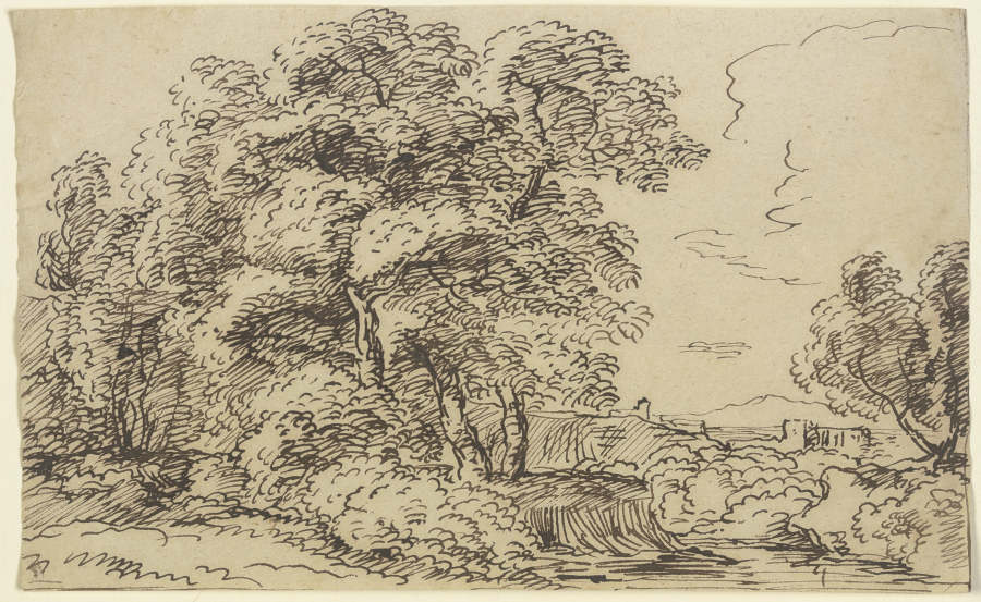 Bäume an einem Gewässer, im Hintergrund Gebäude a Franz Innocenz Josef Kobell