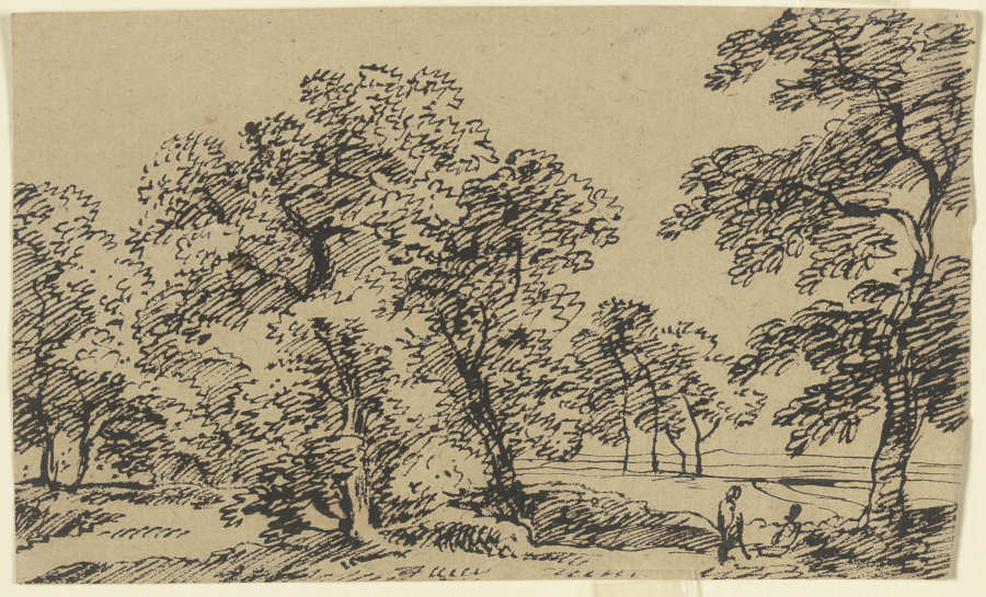 Baumbestandene Ebene, durch die sich ein Weg schlängelt, im Vordergrund rechts zwei rastende Wandere a Franz Innocenz Josef Kobell