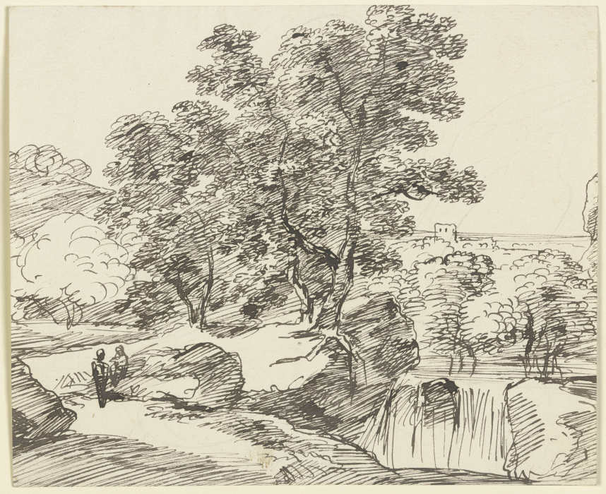 Baumbestandener Fluss mit Wasserfall a Franz Innocenz Josef Kobell
