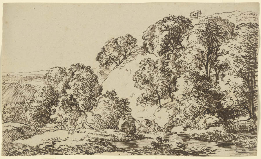 Baumbestandener Hügel, im Vordergrund ein Gewässer mit lagernden Wanderern a Franz Innocenz Josef Kobell