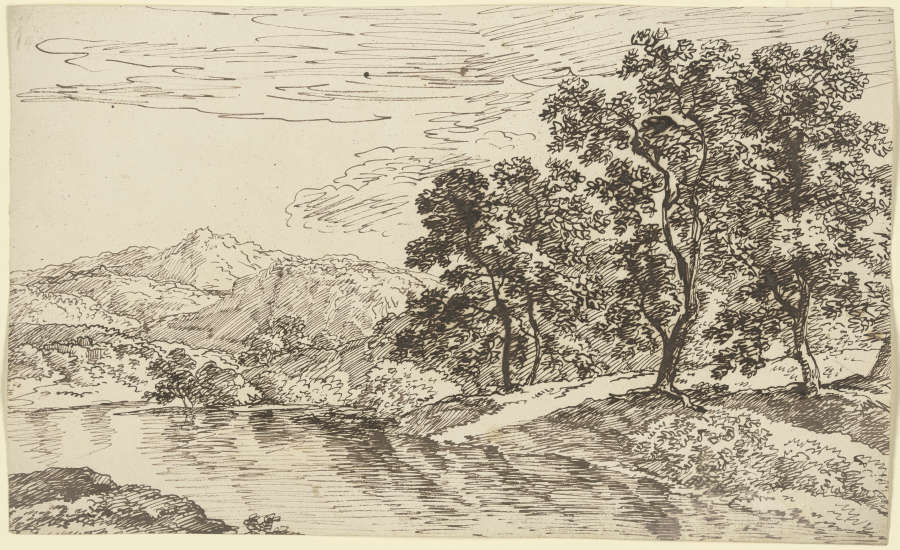 Baumbestandenes Flussufer, im Hintergrund Gebirgszug a Franz Innocenz Josef Kobell