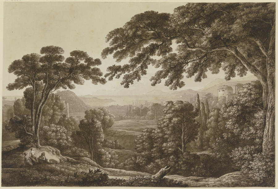 Baumreiche Berglandschaft mit Ruinen a Franz Innocenz Josef Kobell