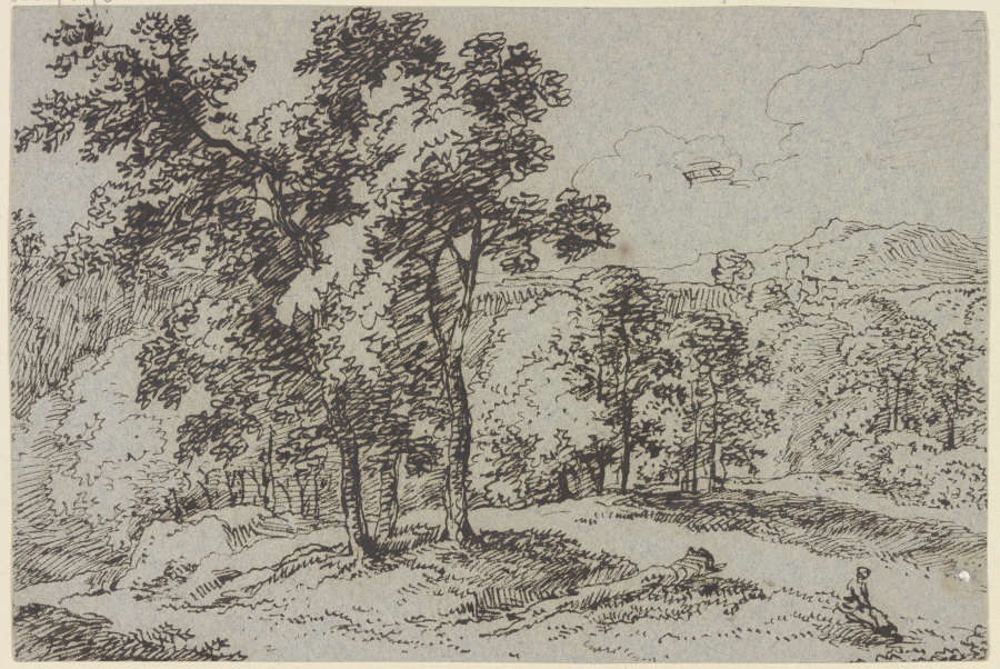 Baumreiche Landschaft, im Vordergrund eine sitzende Frau a Franz Innocenz Josef Kobell