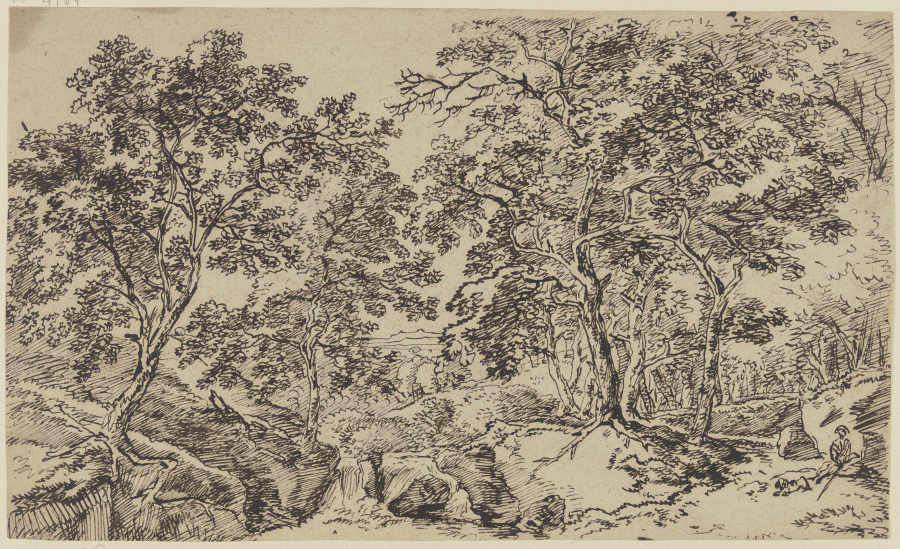 Baumreiche Landschaft, rechts ein sitzender Mann mit Hund a Franz Innocenz Josef Kobell