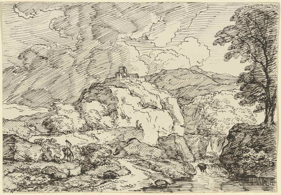 Berglandschaft mit einer Burg auf einem Felssporn und aufziehendem Gewitter, im Vordergrund zwei Wan a Franz Innocenz Josef Kobell