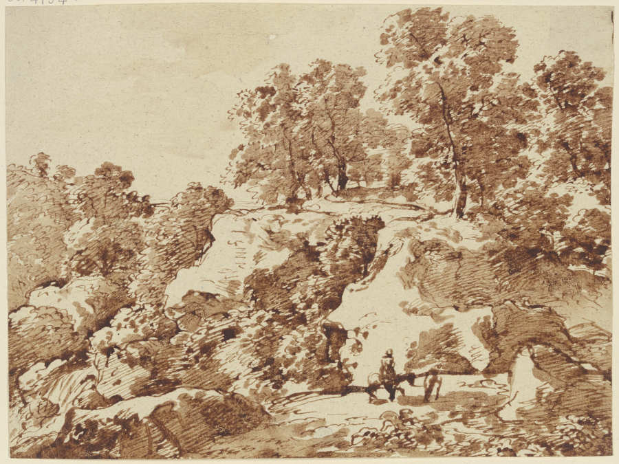 Berglandschaft mit hohen Bäumen und einem Reiter a Franz Innocenz Josef Kobell