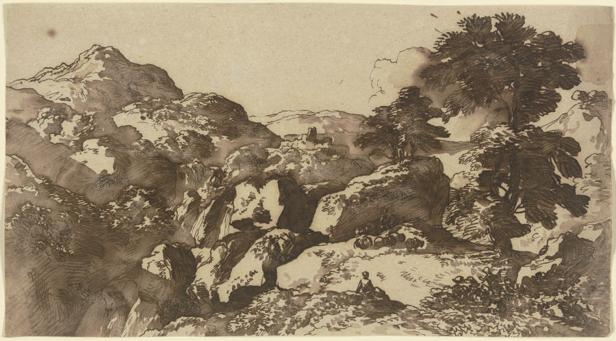 Berglandschaft mit weidenden Schafen, im Mittelgrund eine Burg a Franz Innocenz Josef Kobell