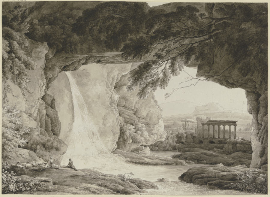 Blick aus einer Felsenhöhle auf eine antike Tempelruine von Franz Innocenz Josef Kobell