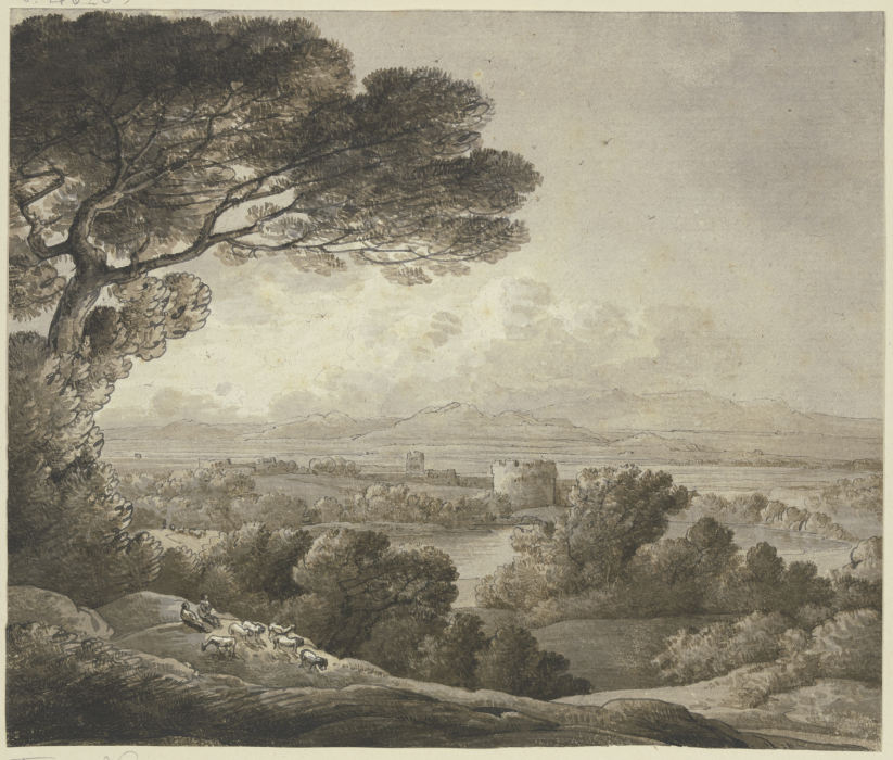 Blick über ein Tal mit mehreren Rundtürmen a Franz Innocenz Josef Kobell