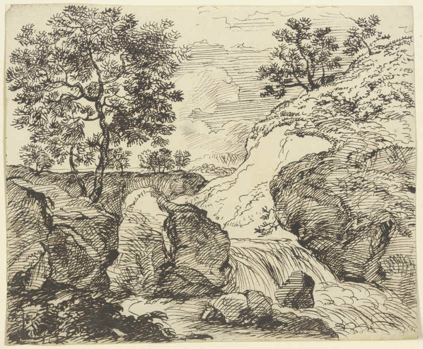 Erdrutsch an grasbewachsenem Hang an einem Fluss mit Wasserfall a Franz Innocenz Josef Kobell