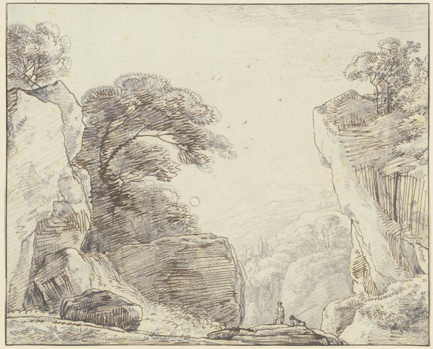 Felsige Gebirgslandschaft, im Vordergrund zwei Figuren a Franz Innocenz Josef Kobell