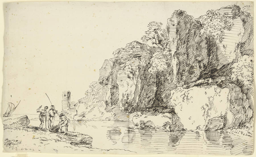 Felsküste mit Leuchtturm, im Vordergrund drei Fischer a Franz Innocenz Josef Kobell