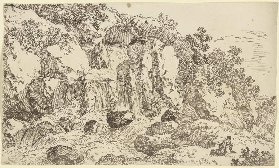 Felslandschaft mit Wasserfall, rechts eine auf allen Vieren kriechende Gestalt a Franz Innocenz Josef Kobell