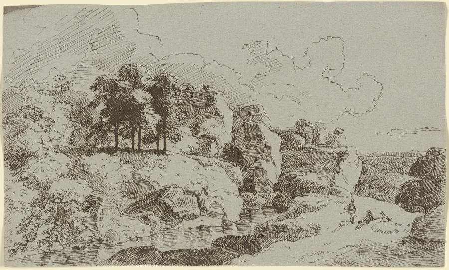 Felslandschaft mit zwei Wanderern an einem Fluss a Franz Innocenz Josef Kobell
