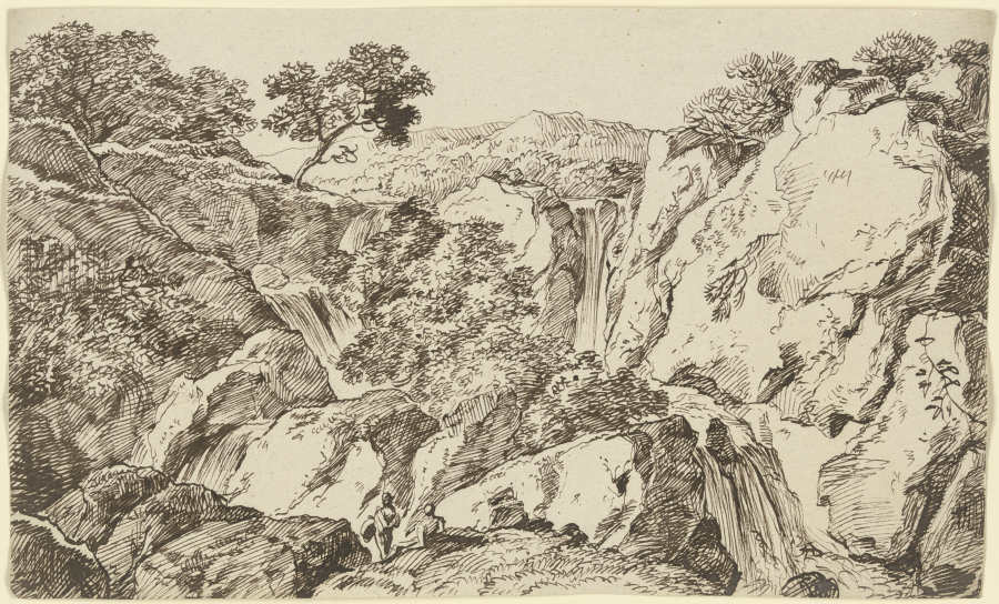 Felsschlucht mit zusammenlaufenden Wasserfällen a Franz Innocenz Josef Kobell