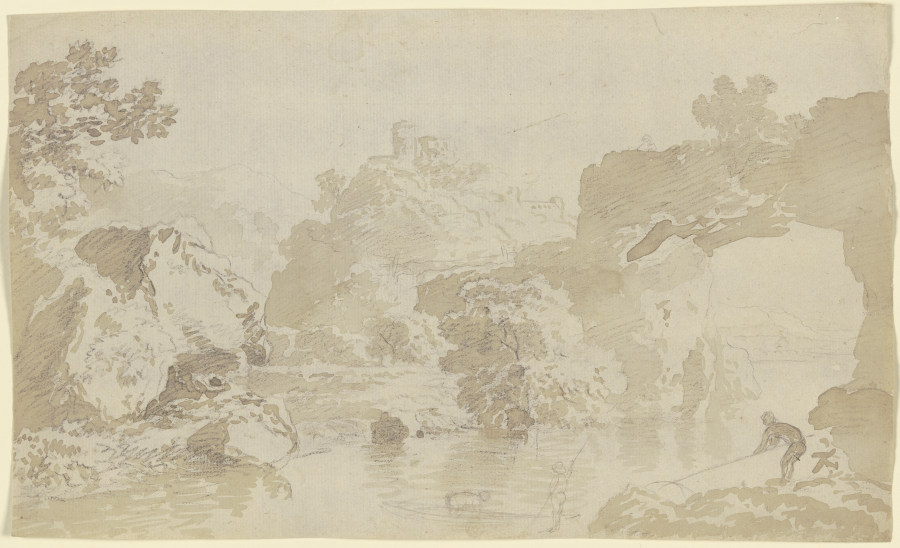 Flusslandschaft mit Felsentor, Anglern einer Burg im Mittelgrund a Franz Innocenz Josef Kobell