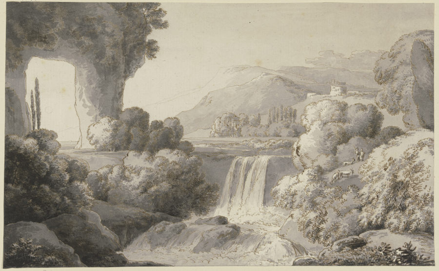 Flußlandschaft mit Wasserfall, links ein Felsentor a Franz Innocenz Josef Kobell
