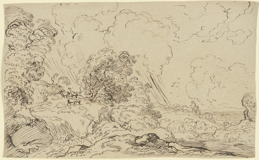 Flusslandschaft mit weidenden Kühen links und Ausblick auf eine Burg rechts a Franz Innocenz Josef Kobell