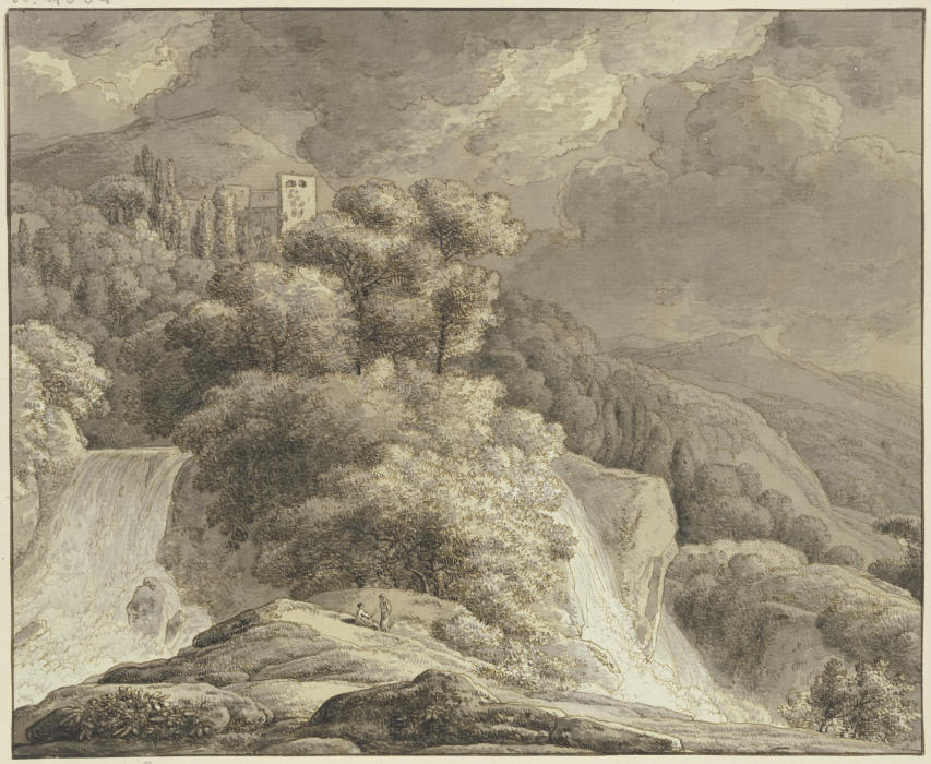 Gebirgslandschaft mit Burgruine und zwei Wasserfällen a Franz Innocenz Josef Kobell