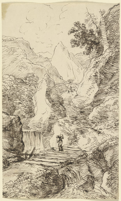 Gebirgslandschaft mit einem Wasserfall, im Vordergrund überquert ein Wanderer eine Holzbrücke a Franz Innocenz Josef Kobell