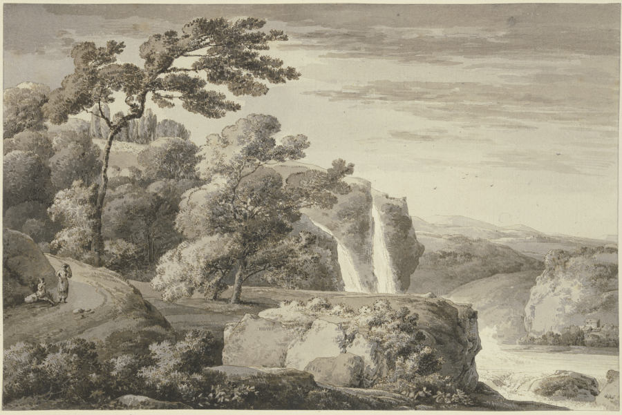Gebirgslandschaft mit hohem Wasserfall a Franz Innocenz Josef Kobell