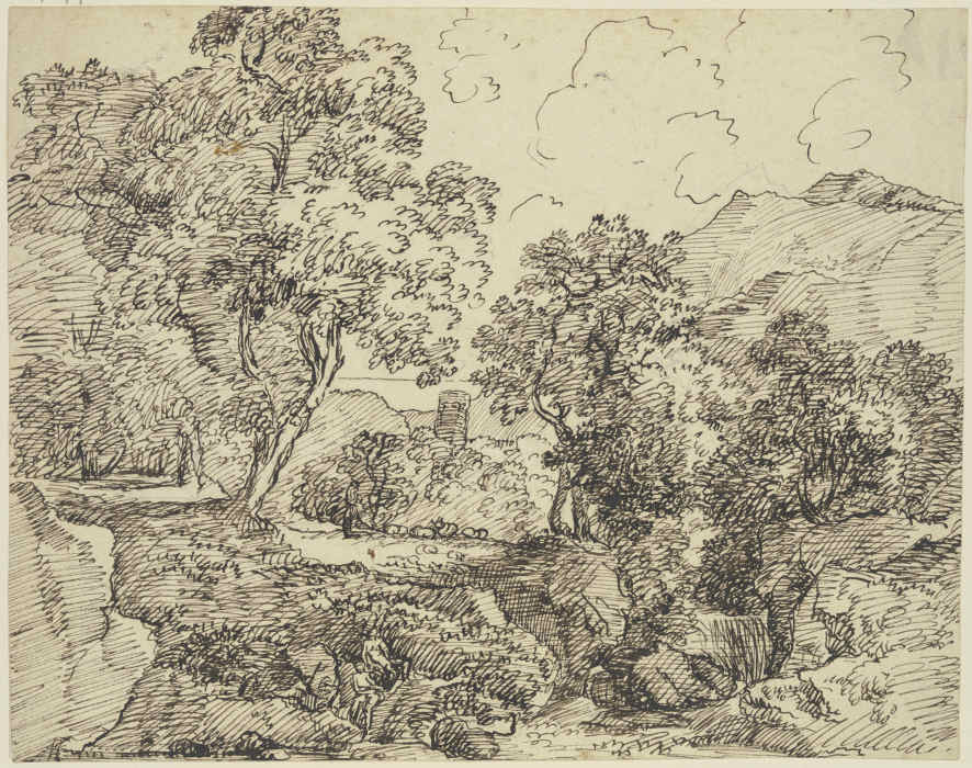 Gebirgslandschaft mit hohen Bäumen und Staffagefiguren a Franz Innocenz Josef Kobell
