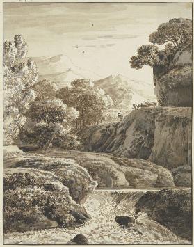 Gebirgslandschaft mit Wasserfall und Hirten