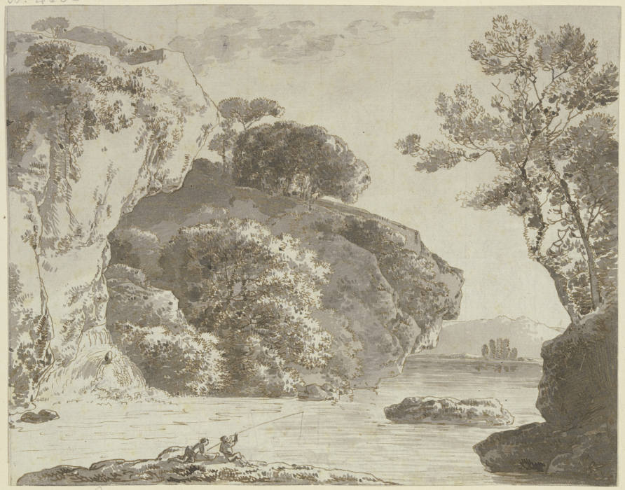 Gewässer bei hohen Felsen, im Vordergrund zwei Angler a Franz Innocenz Josef Kobell