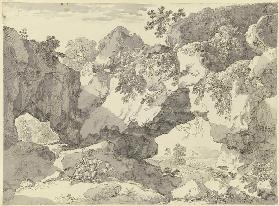 Großes Felsentor, im Vordergrund lagern ein Jüngling und ein Mädchen