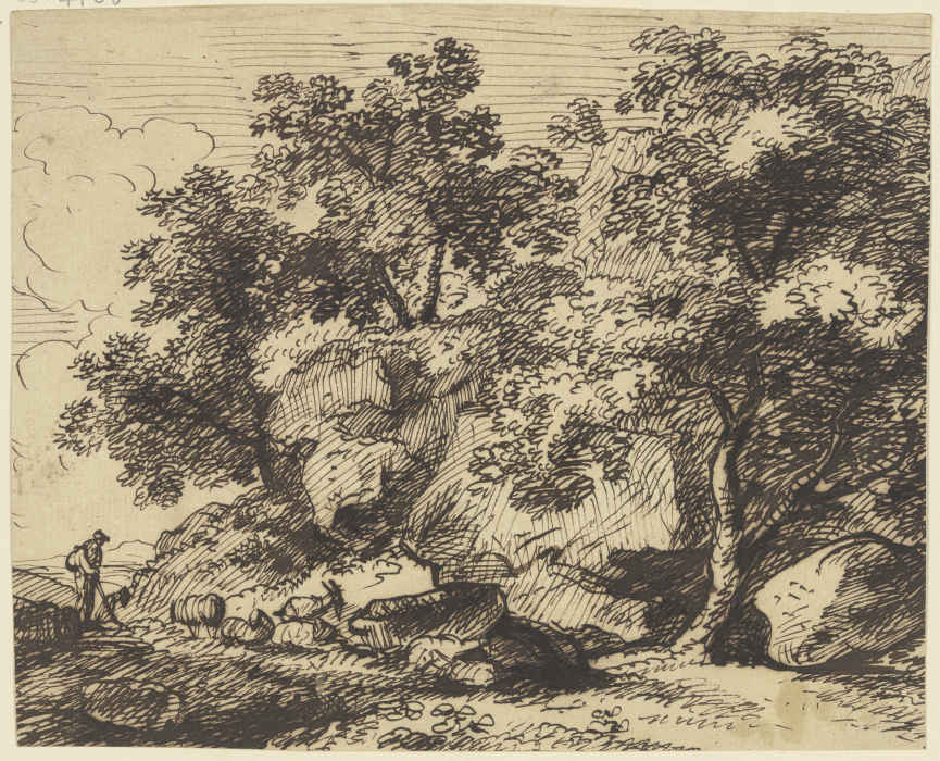 Hirt und Herde in felsiger Landschaft mit Bäumen a Franz Innocenz Josef Kobell