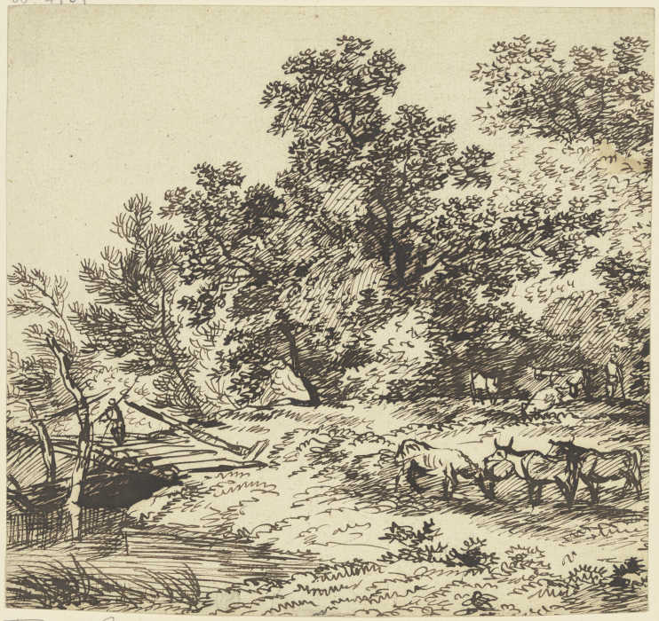 Hirt und Herde unter Bäumen, links eine Brücke a Franz Innocenz Josef Kobell