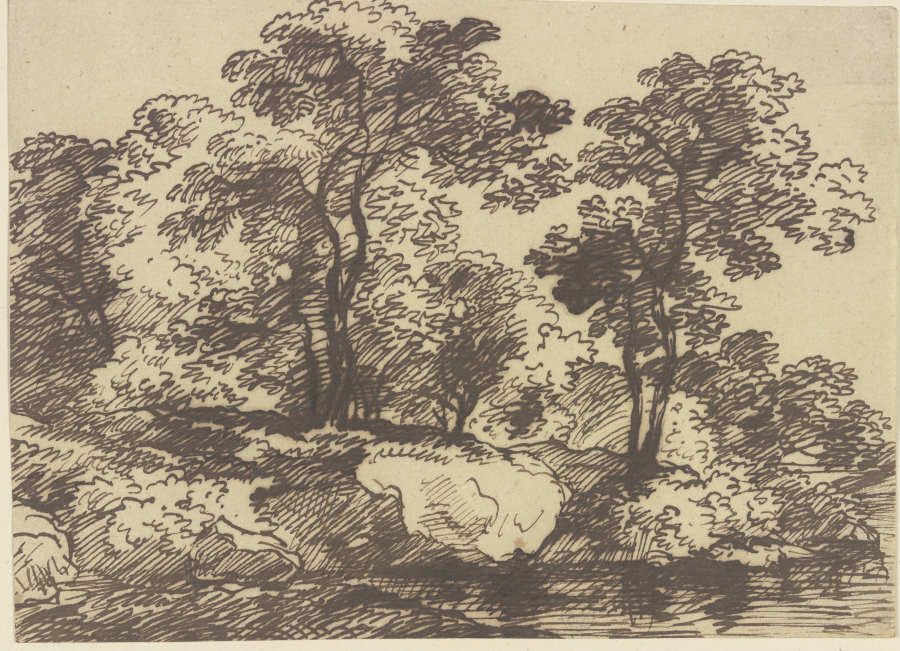 Hohe Bäume an einem felsigen Ufer a Franz Innocenz Josef Kobell