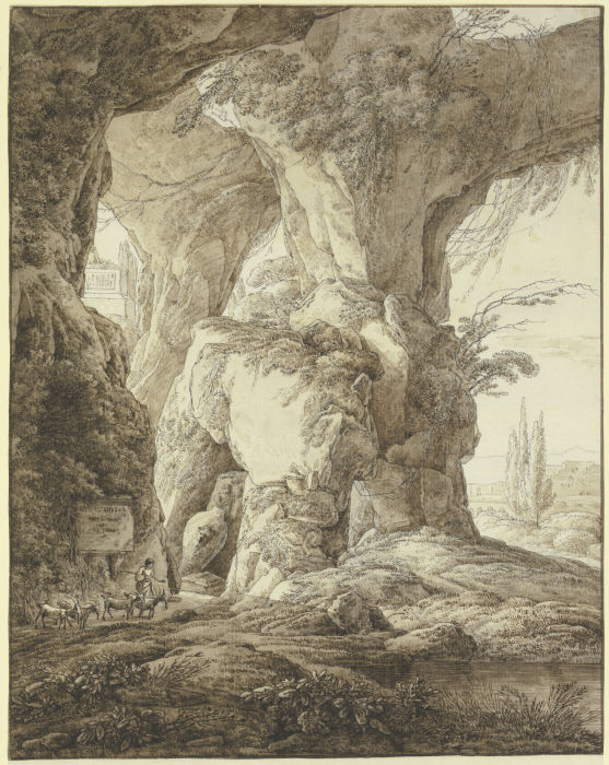 Hohe Felsenhöhle mit antiken Denkmälern und einem Ziegenhirten a Franz Innocenz Josef Kobell