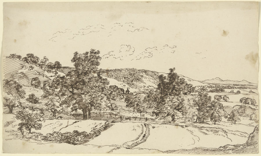 Hügellandschaft mit Feldern und einem von Bäumen verdeckten Dorf a Franz Innocenz Josef Kobell