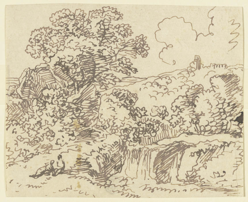 Landschaft mit einem kleinen Wasserfall und zwei Rastenden a Franz Innocenz Josef Kobell