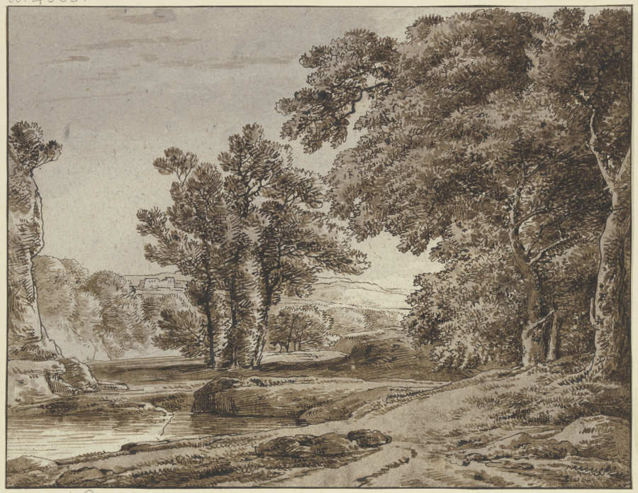 Landschaft mit Fluß und hohen Bäumen a Franz Innocenz Josef Kobell