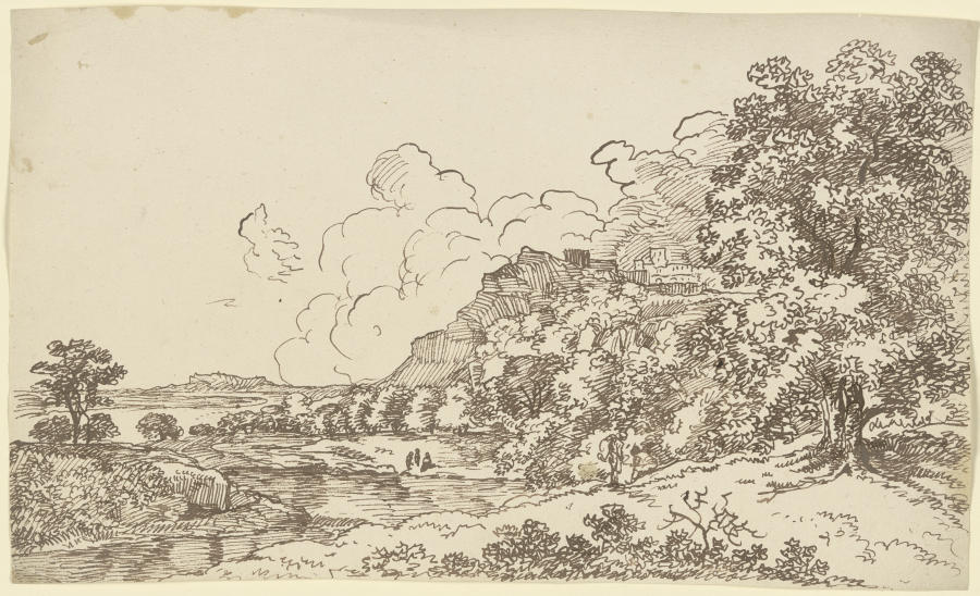 Landschaft mit Gewässer, rechts auf einem Berg eine Festungsanlage a Franz Innocenz Josef Kobell