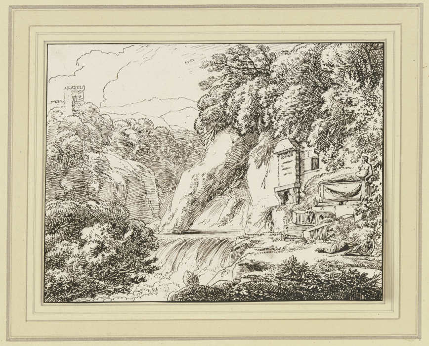 Landschaft mit Wasserfall, rechts ein Epitaph sowie ein Sarkophag a Franz Innocenz Josef Kobell